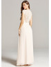 Light Champagne Chiffon Lace Cap Sleeves Long Prom Dress 